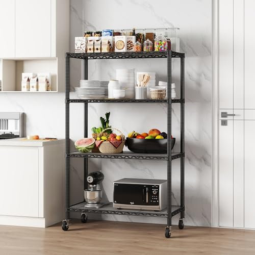 EZPEAKS Regal mit 4 Regalböden und Stauraum auf 7,6 cm Rädern mit 4 Regalböden, 91 x 35 x 14 cm (B x T x H), verstellbar, robustes Stahldraht-Regal für Garage, Küche, Büro, Stangendurchmesser 2,5 cm