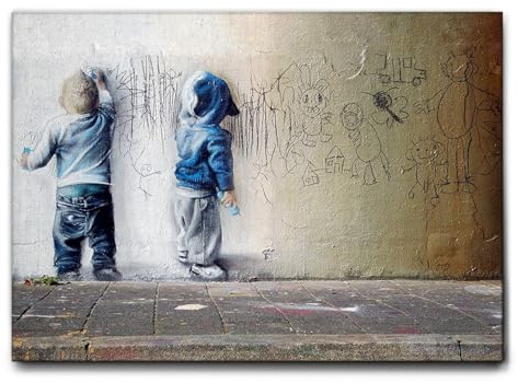 Giallobus - Gemälde - Banksy - Graffiti-Kinder - Leinwand mit Standardrahmen - 50x35 - Bereit zum Aufhängen - Moderne Gemälde für zu Hause