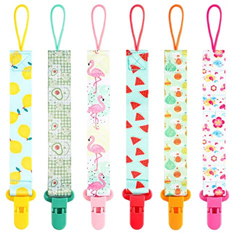 6 Pezzi Catenella Portaciuccio, Catenella Ciuccio per Bambini con Motivo Cartoon, Catenella Portaciuccio Tessuto Adatto per Neonato Ideale per Battesimo Baby Shower Regali
