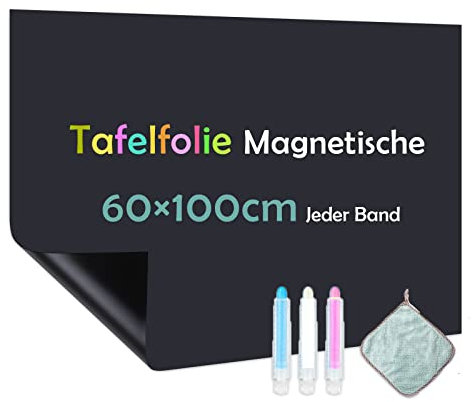 Warasee Tafelfolie Magnetisch Selbstklebend, 60 * 100cm Magnetfolie Selbstklebend Schwarz, Abwischbar Kreidefolie, Magnettafel für glatten Oberflächen in Schule Büro Haus, mit Kreidemarkern & Tuche