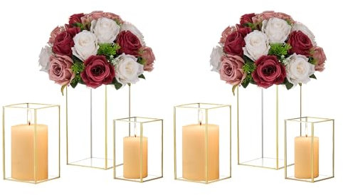 Hewory Windlicht Outdoor Laterne Gold: 6er Groß Windlicht Glas Deko Wohnzimmer Laterne Deko Windlichter Tischdeko Outdoor - Kerzenständer Glas für Tisch Hochzeit Deko Schlafzimmer