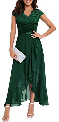 Bbonlinedress Mujer Vestido A-línea de cóctel Top Falda de Encaje Columpio de Gasa para Boda de Bola de Fiesta Cuello en V Manga Corta Gasa Corte para Mujer Dark Green XL
