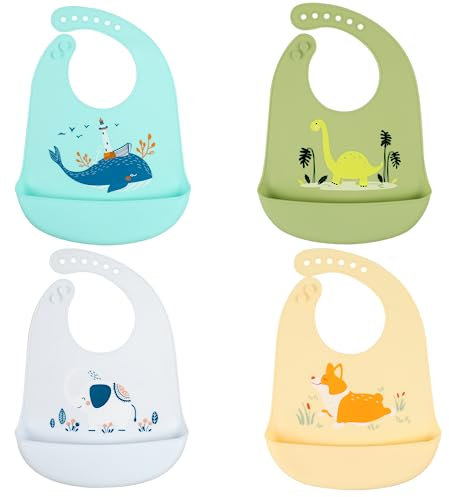 YINGJEE Baberos Impermeables de Silicona para Bebé, 4 Piezas Babero Flexible y Suave para Niñas y Niños Pequeños Unisex, Babero Grande y Ajustable (color 9)