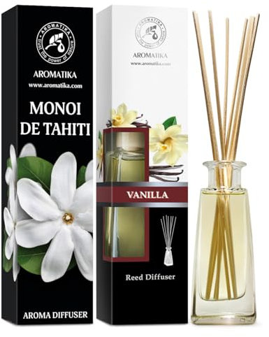 Raumduft Diffuser Monoi de Tahiti & Vanille 2х100ml - Raumduft Diffuser Set mit Stäbchen - Aromadiffusers - Tiare Blüten & Vanille Raumduft - Lufterfrischer - Duftdiffusor - Raumbeduftung - Zimmerduft