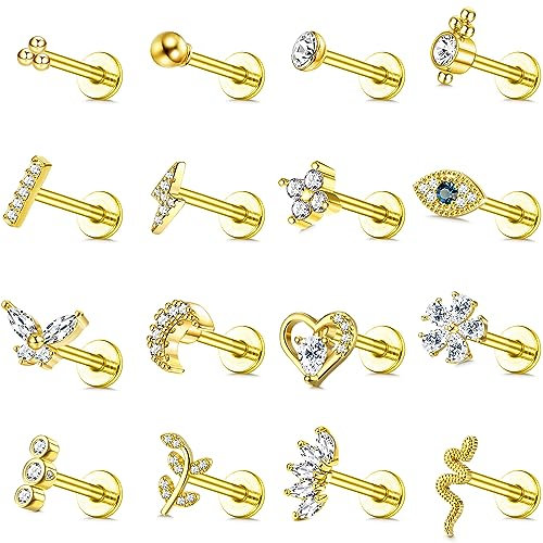 JeweBella 16 Stück 16G Helix Tragus Piercing Knorpel Ohrringe für Damen Chirurgenstahl Innengewinde CZ Mond Herz Blatt Medusa Labret Piercing Nasenstecker Lippenpiercing Helix Piercing Ohr