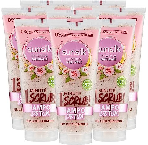 Sunsilk Shampoo Scrub Detox Ricarica Naturale per Cute e Capelli Sensibili con Estratti di Rosa Ingredienti di Origine Naturale Senza Siliconi - 8 Flaconi da 200ml