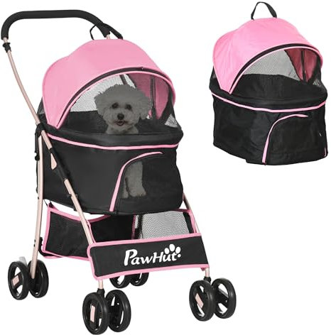 PawHut Chariot pliant 3 en 1 pour petits chiens Panier de rangement Sangles de sécurité Coussin rose