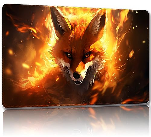 Malqiqi Playmat for MTG, with Free Storage Bags,Game Mat 24 x 14 inches, TCG and Board Game Mat for Cards,Mousepad Desk Mats (Flame Fox-Regular)