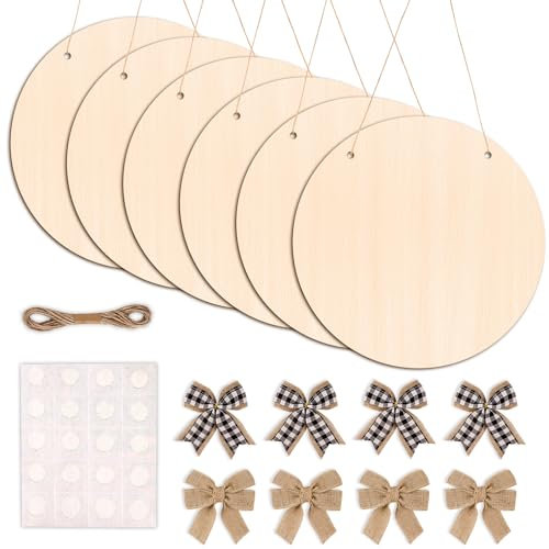 DIYDEC 6 Stück Holzkreise zum Basteln, 35,6 cm, unlackierte Holzscheiben, blanko, Holztürhänger, Schild, runde Holzscheiben mit Schleifen, Bindfaden, Klebepunkt für DIY, Handwerk, Malen, Weihnachten,