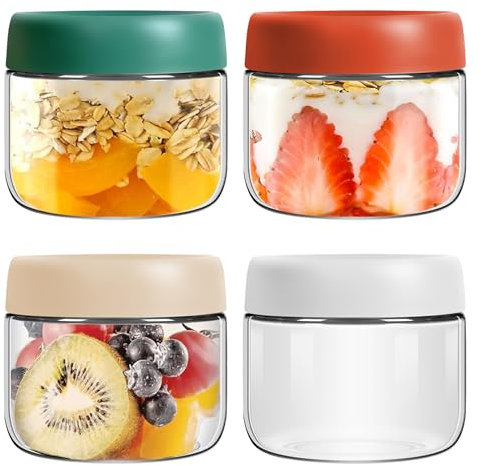 Sightday 4 x Barattoli contenitori di vetro,vasetti di farina d'avena con coperchio,a prova di perdite,coperchi a vite per yogurt,marmellata,budino,marmellata,cioccolato(300ml)