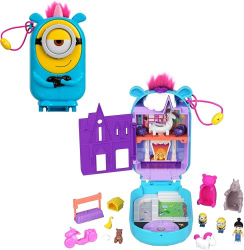 Polly Pocket Spielset, 1 Puppe, 2 Minions und Fluffy das Einhorn Spielzeug, Minions kompakt mit 9 Zubehörteilen