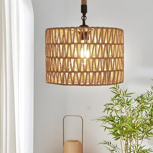 Comely Lampade a Sospensione Vintage, Bohémien Plafoniera in Rattan Intrecciato a Mano, E27 Lampadario con Regolabile Cavo Elettrico per Soggiorno Camera da Letto Cucina Corridoio