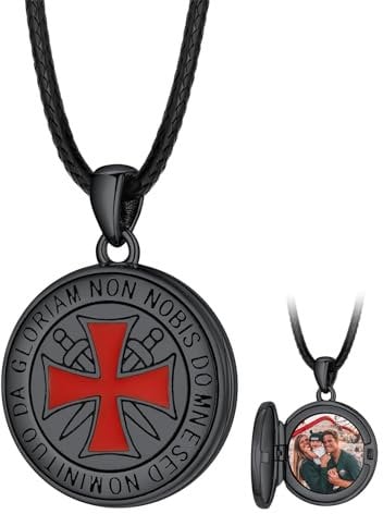 FaithHeart Black Photo Lokets for Men, Vintage Style Knights Templar Cross Pendant Black Wax Rope Leather Necklaces, Birthday Gifts