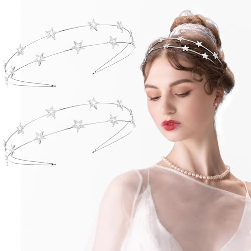 WLLHYF Serre-tête décoratif en alliage avec étoile en métal et strass - Accessoires de cheveux pour femmes et filles - Pour fête, mariée, demoiselles d'honneur, carnaval (2 argentés)