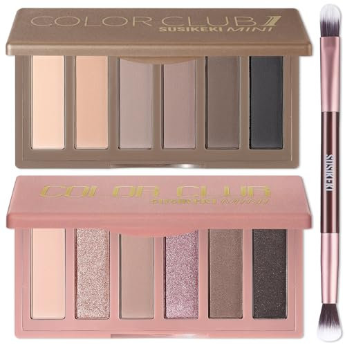 SUSIKEKI Mini-Lidschatten-Palette, 6 Farben, Nude, Nude, Nude, neutral, Rosa und Braun, matt, schimmernd, mit hochpigmentiertem Spiegel, Geschenk-Set, 2 Stück