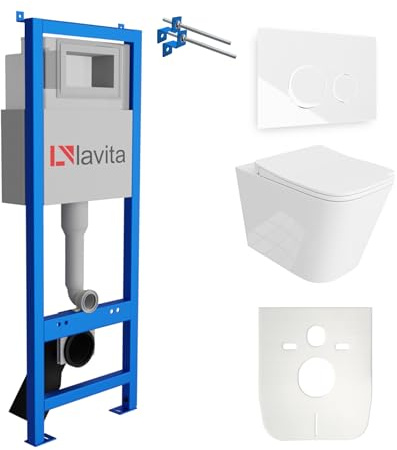 Lavita LAV 101 Vorwandelement für WC 40cm + Wand Hänge Tiefspül WC MAIO Weiß Spülrandlos + Bedienplatte LAV 200.4.1 Weiß + WC Sitz mit Absenkautomatik Komplettset Unterputz Spülkasten WC