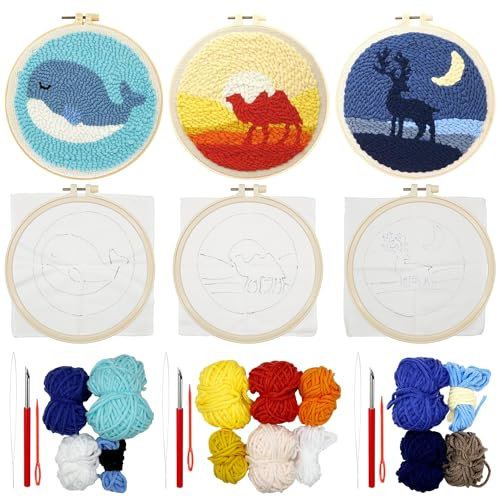 Allazone 3 Setzen Punch Needle Anfänger Stickerei Set, Punch Needle Set mit Stickrahmen zum Sticken für Kinder Erwachsene Basteln DIY Stanznadel Stickrahmen Kit (Kamel, Wale)