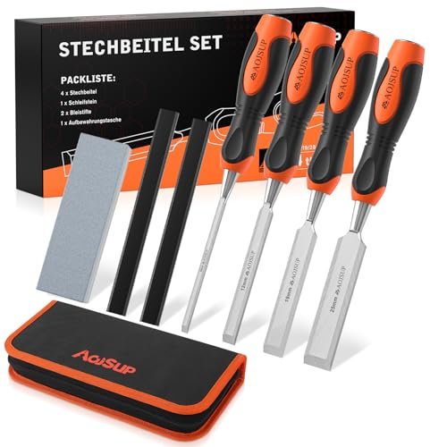 AojSup Set di Scalpelli per Legno 4 Pezzi, Set Scalpelli per Legno (6, 12, 19, 25mm), Scalpelli per Legno Professionale con Borsa Portaoggetti, Scalpello Legno per Principianti e Professionisti