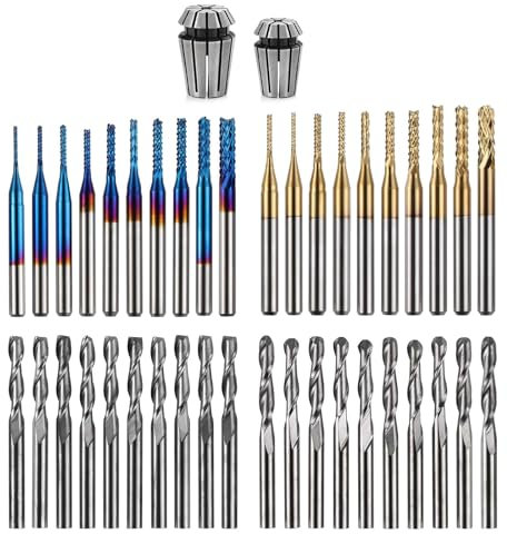 ANNOYTOOLS Lot de 40 embouts de fraisage CNC avec pince de serrage ER11, ER16, tige de 1/8, kit d'embouts de sculpture CNC, compris fraises plates et à billes à 2 tranchants, Nano bleu et titane