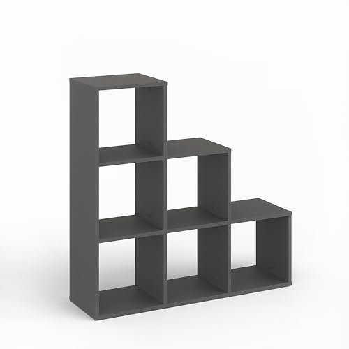 KOMTO Treppenregal Stufenregal - Raumteiler Regal Bücherregal mit 6 Fächern 30x30 cm Würfelregal | Bookshelf Anthrazit Vexo