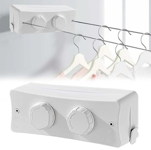 Einziehbare Wäscheleine 5,1 m Edelstahl Doppelseil, Nicht Schlaff Wascheleine Ausziehbar Wandmontage, Wäscheleine Balkon, Wandwäschetrockner für Innen und Außen Waschküche Badezimmer (Weiß)