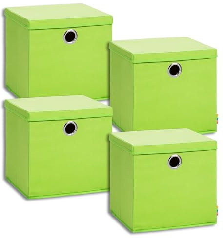 Storanda | 4er Set Aufbewahrungsbox 34x34x33 cm mit Deckel | Extra Große Griffe | Stabil & Faltbar | Regalbox für Würfelregal | Ideal für Zuhause & Kinderzimmer | Apfelgrün