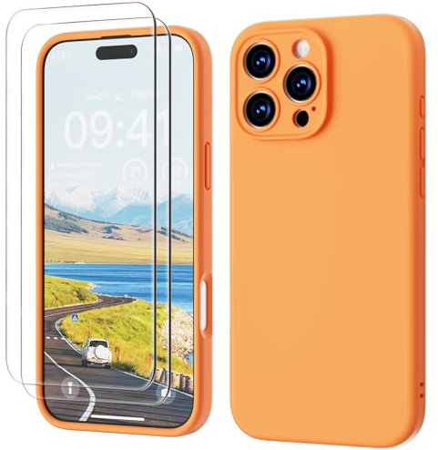 GOODVISH 3 IN 1 for iPhone 16 Pro Max Case 6.9 inch, Upgraded Camera Protection, 2 Pack HD Screen Protector, Liquid Silicone Anti-Scratch Shockproof Gel Rubber Non-Fingerprint Phone Case, Orange