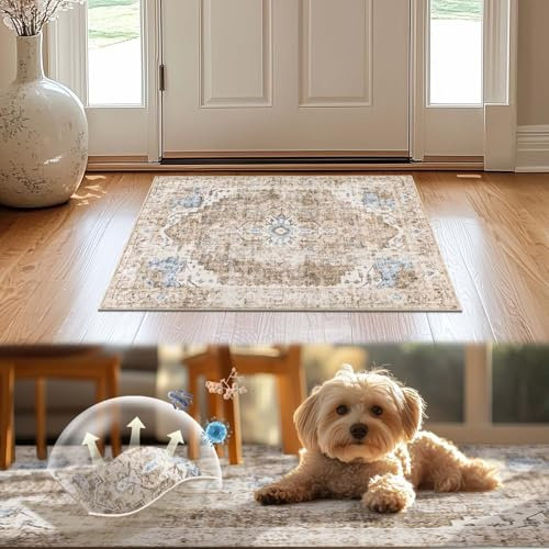 TOPICK Teppich 80x120cm Fußmatte Waschbar Fussmatte Innen Kurzflor Retro Ziegelort Blume Orientalischer Teppich Antibakterieller Faltbar rutschfest Dünn Türmatte für Küche Flur Schlafzimmer