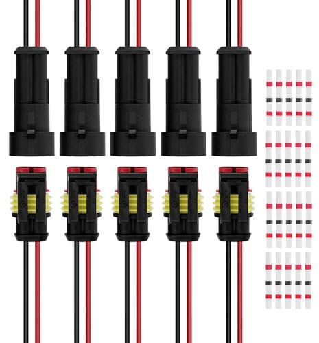 WOLMIK 2 Pin Cable Connector Plug - 5 Sets Waterproof Electrical Connector Plug with Wire, Automotive Wire Connectors for Car, Boats, Motorcycles, Scooters, Trucks with 20 PCS Solder Connectors
