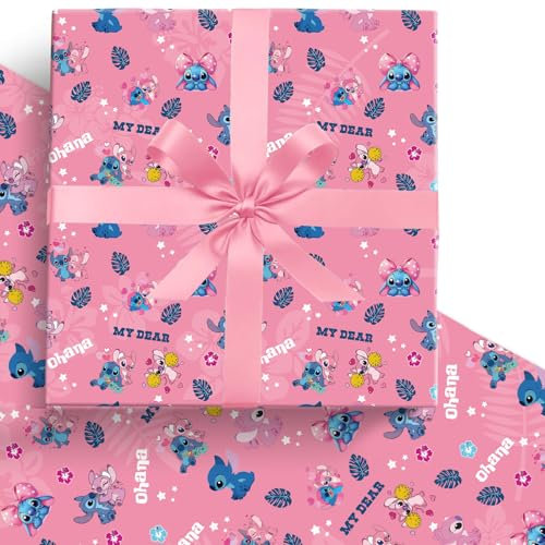 HOOKTA 5 Stück Stitch Geschenkpapier 51 x 75 cm Kraftpapier Langlebig Geschenk Geschenkpapierbögen für Kinder Geburtstage Party Festliche Dekoration (Pink Ohana)