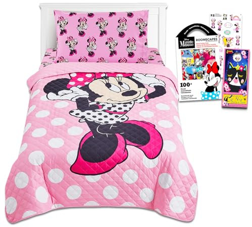 Minnie Mouse Bettwäsche-Set für Doppelbetten für Mädchen – Set mit Minnie-Tagesdecke, Bettlaken, Spannbetttuch und Kissenbezug für Doppelbett sowie Aufklebern und mehr. Minnie Mouse