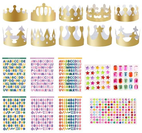 20 Stück Kronen Basteln Kindergeburtstag Papier Krone Partyhüte Geburtstagskrone mit 3 Blätter Strasssticker und 6 Blätter Alphanumerische Aufkleber für Prinzessin Prinz Königin Geburtstagsparty