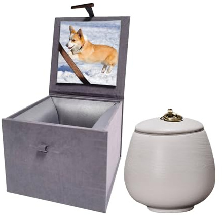 Hundeurne für Asche, Keramik-Hundeasche-Urne mit Foto-Displaybox, Weiß, M | Handgefertigte Urne für Katzen, Andenken, Haustierverlust, Gedenkgeschenk