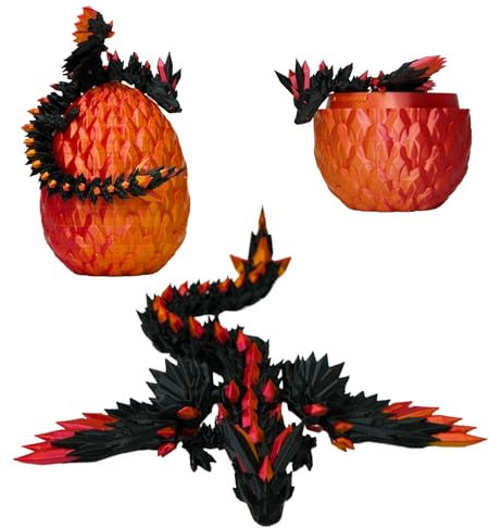 Beweglicher Geflügelter Drache und Sein Ei – 3D-gedruckte Dekoration – Fantastisches Universum Fidget Toy Geschenkidee Einzigartige Dekoration für Zuhause Kinder Flügel Figur (Schwarz + Rotgold)