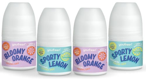 youfreen Deo für Kinder und Teens (4x 50 ml)/sporty lemon & bloomy orange/für Jungen & Mädchen/Deo-Roll-on/vegane Naturkosmetik/effektiver Schutz + Bio-Aloe-Vera/Deoroller/unisex