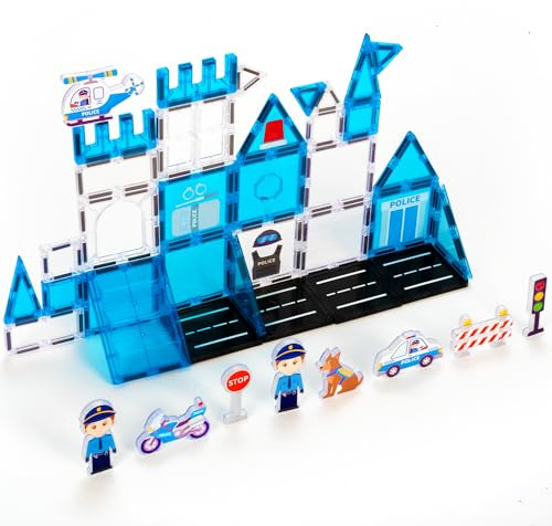 cossy Magnetic Tiles Police Set, Magnet Tiles with Policeman, Magnetic Tiles for Kids Ages 4-8, STEM Toys, Toys for 3 4 5 6 7 8 Year Old Boy and Girl, Creative Building Toys, Police