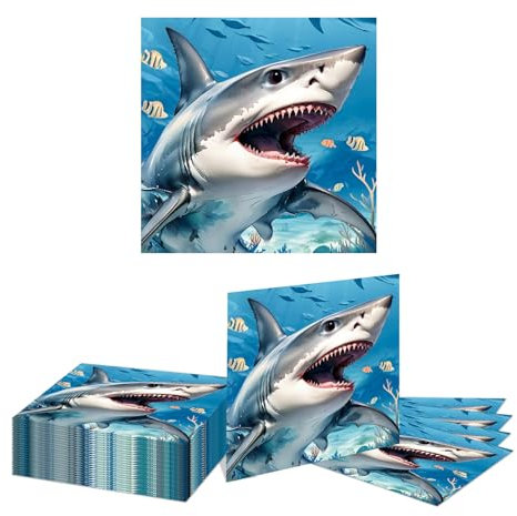 Kotkiddy 24 Stück Shark Papier Servietten Ozean Thema Party Servietten Cocktail Getränke Servietten für Geburtstag Unter dem Meer Party Artikel