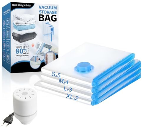 Sacs à linge sous vide avec pompe électrique TONZACK Sacs à linge sous vide 14 sacs de vêtements de voyage vides (2 extra grands, 3 grands, 4 moyens, 5 petits) pour ranger vêtements, oreillers