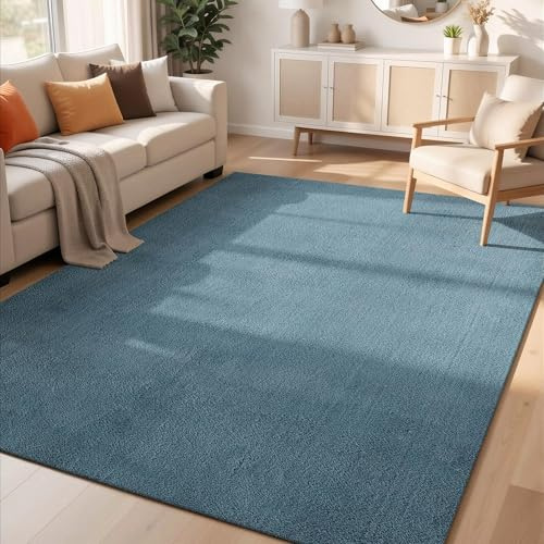 Comfy Washable Plain Non-Slip Living Room Area Rug, Blue, 80x120cm
