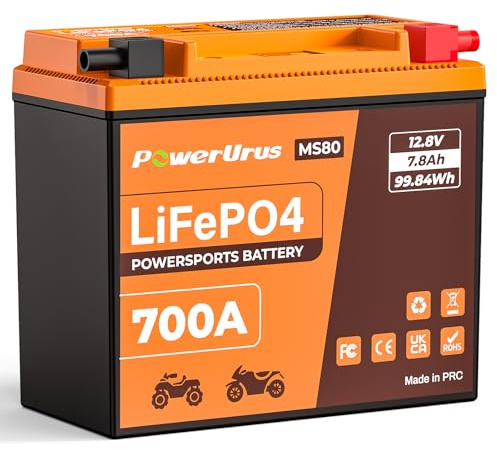 Batteria al Litio Per Moto, PowerUrus Batteria al Litio LiFePO4 da 12 V con BMS, Batterie di Avviamento per Moto LiFePO4 da 12,8 V, 7,8 Ah, 700 CCA, per ATV e UTV