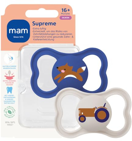 MAM Supreme Schnuller | 16+ Monate | 94% Akzeptanz | Babyschnuller beugt Zahnfehlstellungen vor | besonders Hautfreundlich | SkinSoft Silikon | Fuchs/Traktor | 2 Stück