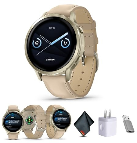 Garmin Venu 4, 41 mm, montre intelligente GPS avec tracker d'activité avancé, écran AMOLED de 1,2, lampe de poche intégrée, 10 jours d'autonomie, or lunaire avec bracelet en cuir sable clair (bonbon)
