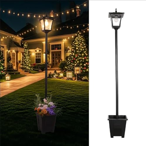 Poste de lámpara solar de 59 pulgadas con maceta 2 en 1, luces solares para exteriores, impermeables, luces amarillas cálidas del atardecer al amanecer, maceta al aire libre para flores reales o