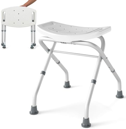 HOMASIS Duschhocker 3-Fach höhenverstellbar, klappbarer Badhocker 150 kg Tragkraft, Duschsitz aus Alu, Duschstuhl mit rutschfesten Gummifüßen, Duschhilfe Duschbank für Senior & Behinderte (Weiß)