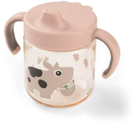 Done by Deer Trinklernbecher mit Ausguss „Tiny Farm“ – Baby Spout Cup mit 2 Griffen – Auslaufsicherer Kinder Trinkbecher aus Tritan – 260 ml – Powder