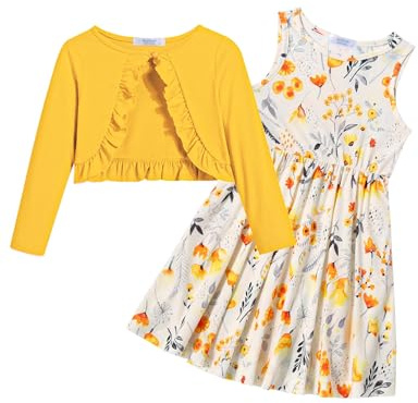 Arshiner Girls Dress with Cardigan Sets Cotton 2Pcs Set for 5-14 Years | Sleeveless Dress with Long Sleeve Coat, Ruffle, Print, Casual, Spring, Autumn, Swing Dresses Set for School