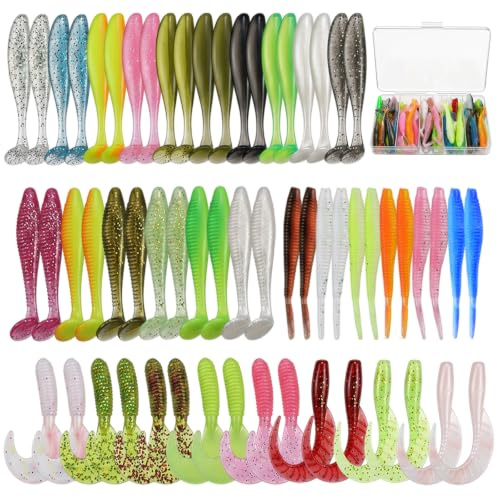 Nogeqi 60 Stück Gummifische Angelköder Set, 6/6,5/7/ 7,5 cm, Gummiköder Forelle Köder, Gummifisch Zander Köder, Paddle Tail Swimbaits Fishing Lures für Hecht Barsch Zander Forelle