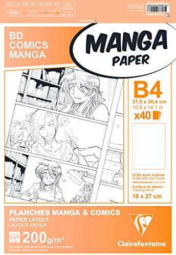 Clairefontaine - Ref 94046C - Manga Multi-Technique Paper With Simple Frame (40 Sheets) - B4 (27.5x37.4cm) Size, 200gsm Paper, White & Smooth, Ideal for Markers, Bleedproof