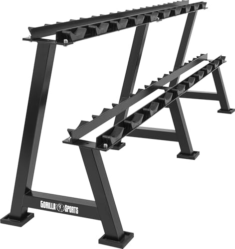 GORILLA SPORTS® Kurzhantelablage mit 2 Ebenen, 20 Ablagen, bis 500 kg | Für 10 Hantelpaare mit 15 cm Grifflänge, stabil, freistehend und kippsicher; Dumbbell Rack, Kurzhantelständer, Hantellagerung