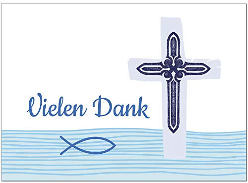Einladungskarten Manufaktur Hamburg 10 x Dankeskarten mit Umschlag - Fisch im Wasser mit Kreuz - Danksagung/Bedanken/Danke sagen zur Taufe, Kommunion, Konfirmation, kirchlich